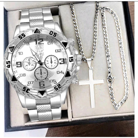 Relógio Masculino Aço inox + Pulseira e Pingente